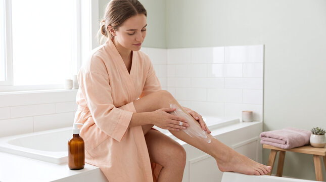  Woman Applying Moisturizing Cream on Legs in Bathroom
