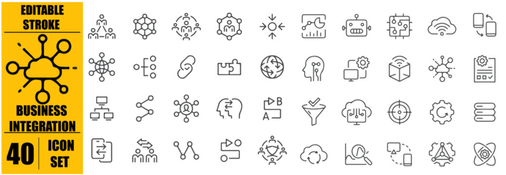 Business Integration line editable icon set. Containing Business, Integration, partnership, network, synergy, alliance, workflow, and more. Editable stroke. Vector illustration