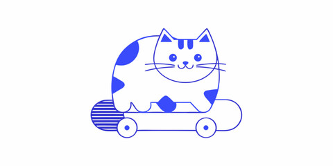 Blue line drawing of a cat riding a skateboard on white background © Rathin