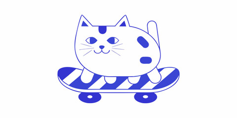 Cat on skateboard a blue line drawing on white background © Rathin