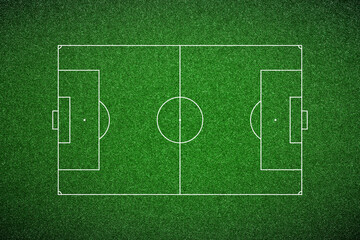 Naklejka premium Top-down view of a green soccer pitch with standard white markings. Ideal for sports strategy or as a graphic background.
