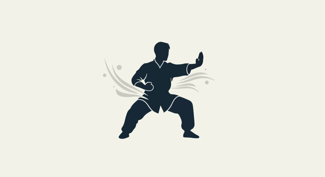 Silhouette of a martial artist in a dynamic, low stance with stylized energy swirls