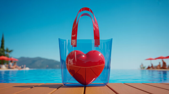 Glossy red heart shape object sitting inside a transparent blue plastic shopping bag placed on a wooden dock next to a calm swimming pool