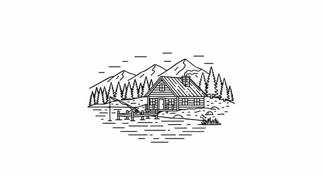 Rustic cabin by a lake with mountains and trees, fishing pole on dock