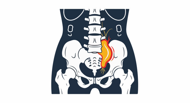 Simplified illustration showing pelvic bone with spine and inflamed sciatic nerve