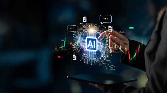 Futuristic financial technology concept features automated robot trader, quantitative analytics, and real-time stock market graph. Represents high frequency trading HFT and wealth management. Corpus