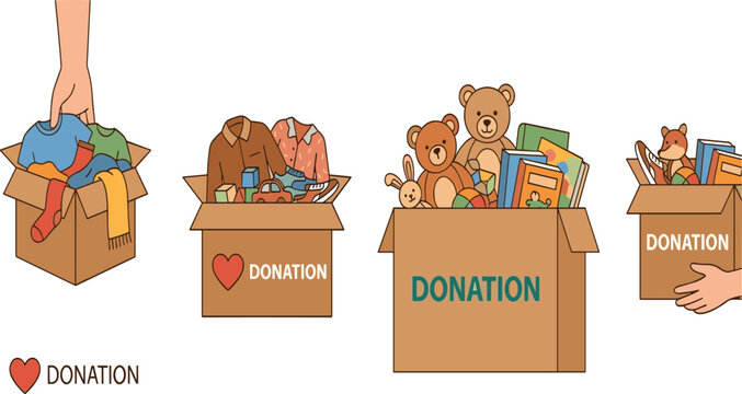 Cartoon Donation Box Set With Clothes Toys Teddy Bear Books And Human Hands Giving Charity Collection Vector