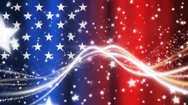 Abstract blue red background with glowing stars and light streaks