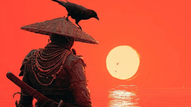 Silhouette of a warrior with a crow at sunset conceptual illustration
