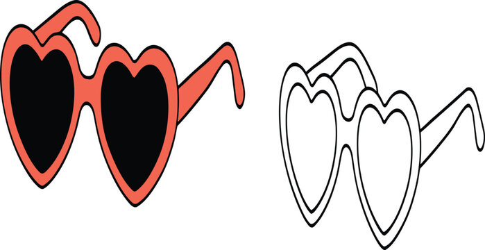 Cute Heart Shaped Sunglasses Vector Set With Colored And Outline Versions For Fashion Summer Love Valentine Design