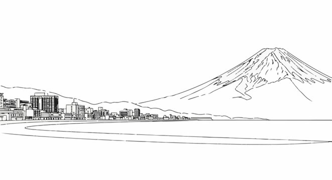 Sketch of a coastal city skyline with a majestic mountain backdrop