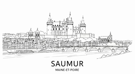 Fototapeta premium Sketch of a French castle and town on a river with a bridge