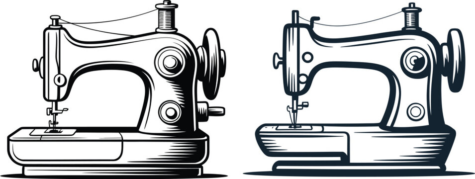 Vintage sewing machines set, hand drawn illustration of retro tailoring equipment