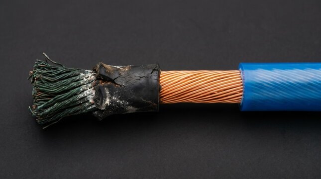 A cohesive view of a corroded and new electrical cable section