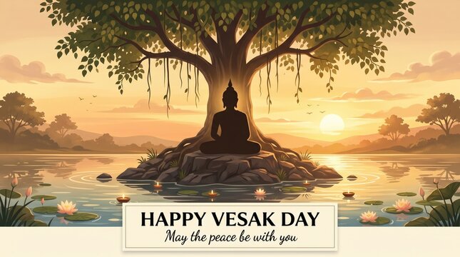 Happy Vesak Day Poster with Meditating Buddha under Tree Silhouette