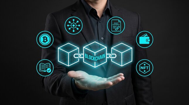 Businessman demonstrating blockchain technology with smart contract peer to peer blockchain technology cryptocurrency information security business innovation computer digitalization