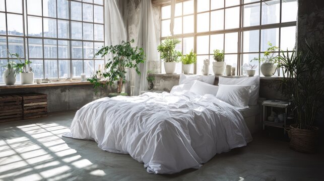 Bright bedroom interior with sunlight bed plants and large windows