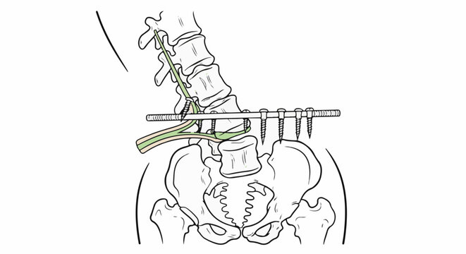 Spinal fusion surgery using rods and screws shown with bone structure