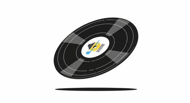 Spinning vinyl record with a musical note and yellow sun