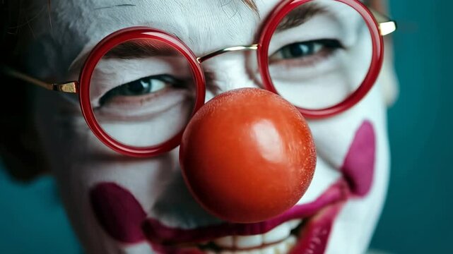 Extreme close up of a frightening clown with white makeup and a red nose, wearing glasses and showing a scary, menacing smile with his teeth while staring intently at the camera