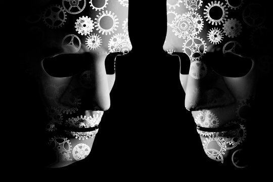 AI robotic concept with cogs for brains black background