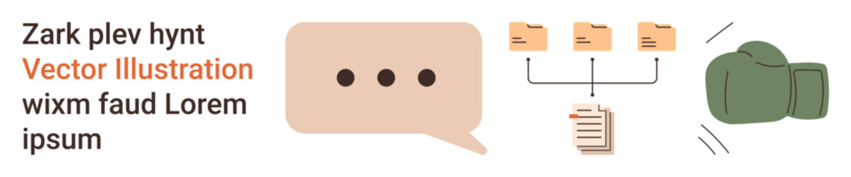 Communication, data organization, conflict resolution, speech, document sharing, competition. Speech bubble, file folders with documents and a boxing glove graphic. Communication and data