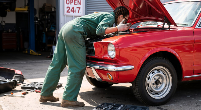 Female mechanic inspecting engine of a classic red car. Woman in green coveralls working on auto repair outside a garage