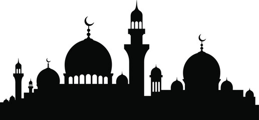 Elegant mosque silhouette vector illustration with domes, minarets, crescent moons, Islamic architecture design and cultural devotional artwork © MstMostarina