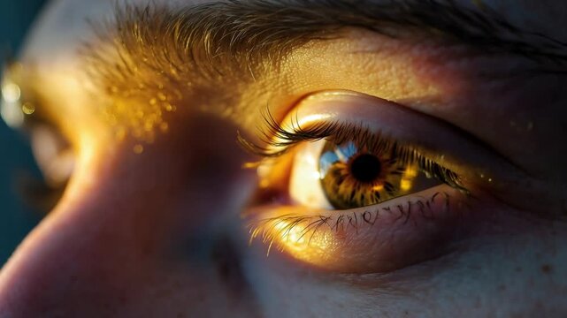 Stunning macro view of a male eye with a brown iris reflecting the golden hour light, representing concepts like hope, vision, perception, and a new beginning as he watches the sunrise