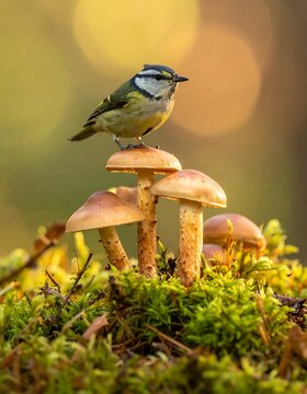 Bird on mushroom forest floor moss.