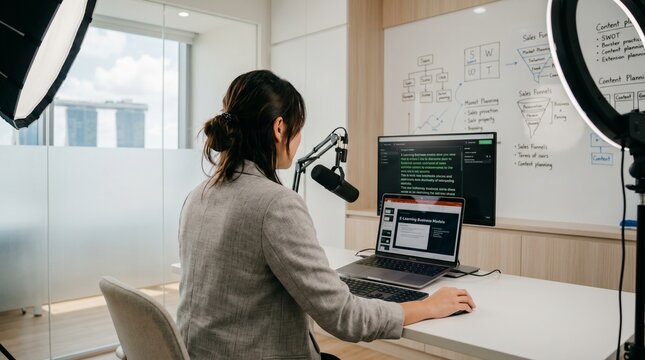 Woman podcaster or streamer recording audio with professional microphone and headset in modern home studio setup with laptop and monitor content creator home office remote work video call