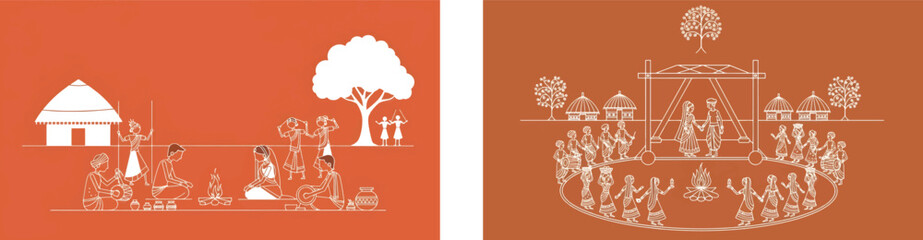 Fototapeta premium Traditional Warli art vector set, Indian tribal folk painting of village life and wedding ceremony, ethnic terracotta background with white stick figures