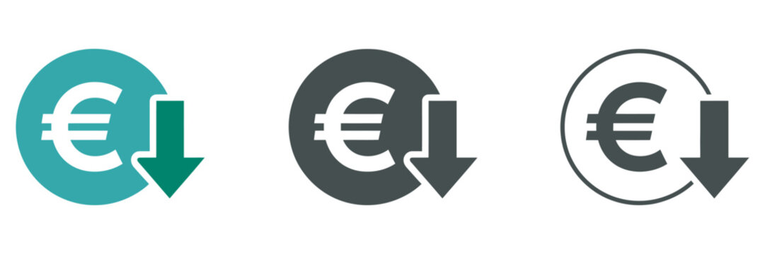 Cost reduction vector signs featuring euro currency decrease symbols, downward arrows, savings indicators