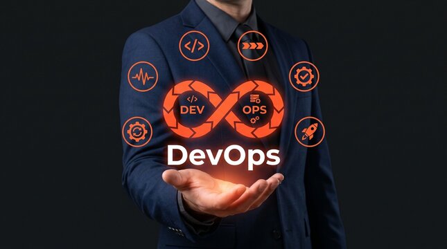 Dev ops concept with infinity and icons infinity loop software development continuous integration continuous delivery agile methodology software lifecycle it operations system administration