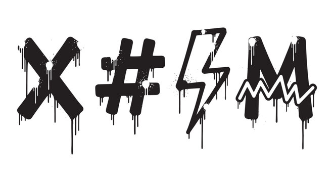Dripping grunge symbols set - x hashtag lightning bolt and wavy mark with drips