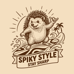 Hedgehog on a surfboard riding wave. © semurraja