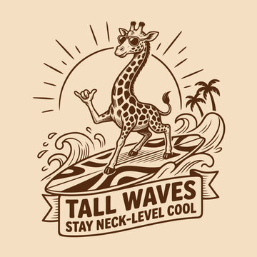 Giraffe surfing on a wave board.