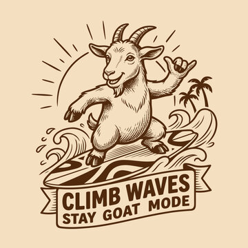 Goat surfing on a wave board.