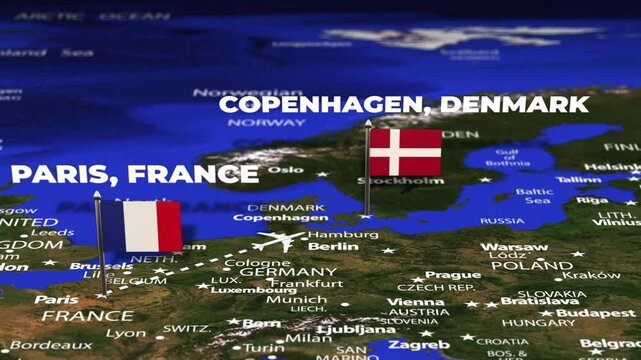 Flight From Paris FRANCE to Copenhagen DENMARK with flag pins