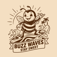 Smiling Bee Riding Surfboard Wave. © semurraja