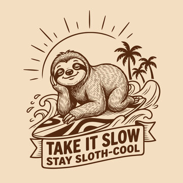 Sloth on surfboard smiling relaxed.
