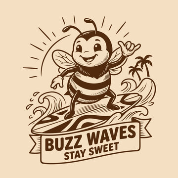 Smiling Bee Riding Surfboard Wave.