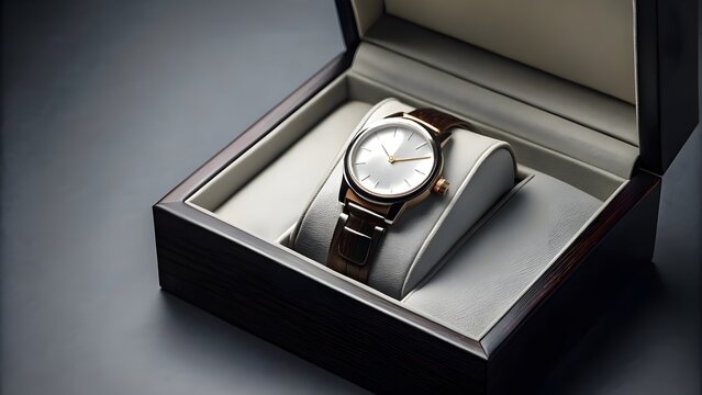 Luxury Wristwatch Boxed Display in High Contrast Moody Studio Lighting, Elegant Timepiece Presentation, Premium Leather Strap Watch, Sophisticated Men&rsquo;s Accessory Photography