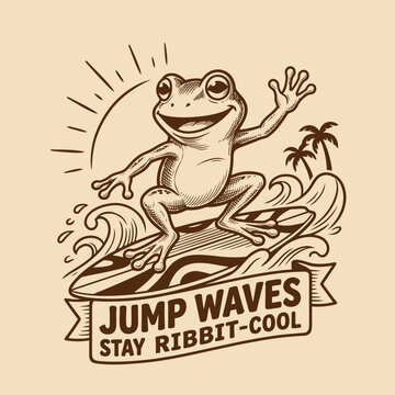 Smiling Frog on a Surfboard Riding.