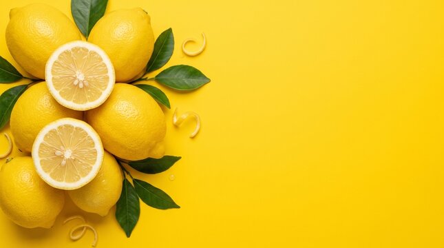 Fresh whole and halved lemons with green leaves and drops on bright yellow background vitamin c food photography flat lay drink ingredient food styling citric acid white background ingredient