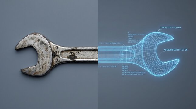 Old physical wrench transforming into futuristic digital blueprint with data