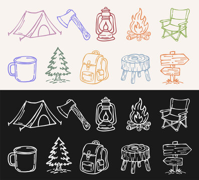 Hand drawn camping icon set featuring tent campfire backpack and lantern. Rustic doodle style vector elements for outdoor adventure hiking and forest travel designs
