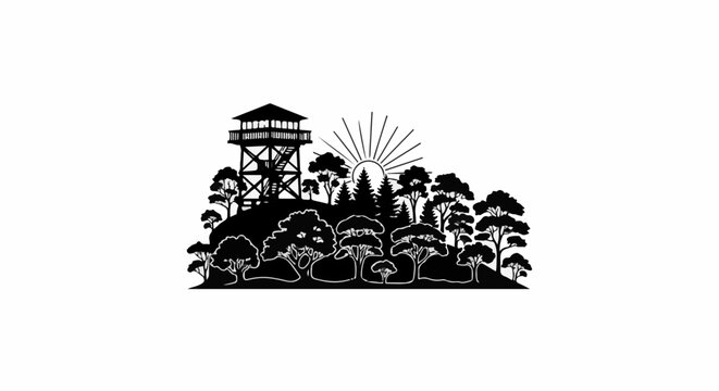 Silhouette of a forest watchtower on a hill against a sunburst
