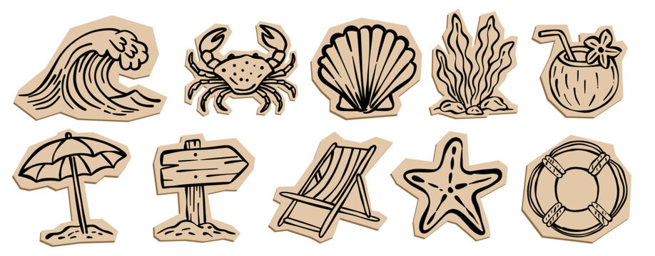 Summer beach scrapbook stickers set with hand drawn paper cut elements. Rustic doodle icons of wave crab shell and coconut for tropical vacation and journal designs