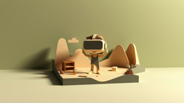 Minimalist scene. Figure wearing vr headset stands on platform with geometric mountains, boxes, plant. Soft lighting, neutral tones.